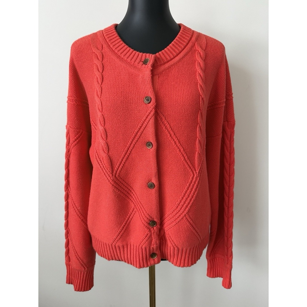 CAbi Women's L Orange Cable Knit Cardigan Sweater Cotton Blend Style #5449
